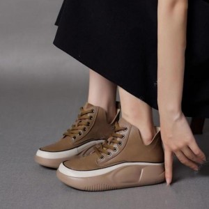 High Top Round Toe Solid Color Short Water Proof Sneakers - Brown