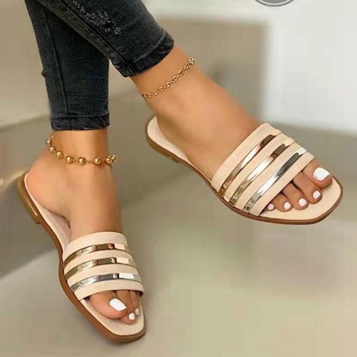 Casual Style Non Slip Square Toe Flat Slippers - Cream image