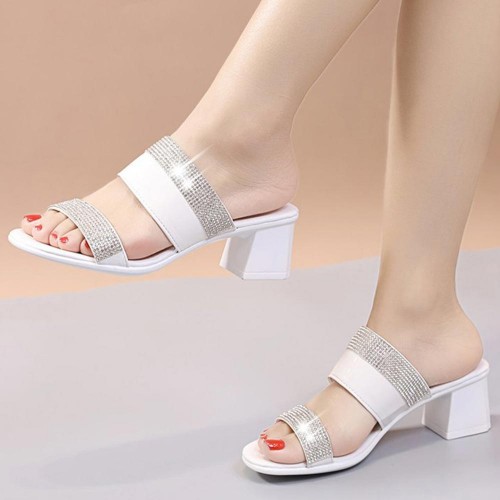 Casual Rhinestone Open Toe Strap Slipper Sandals - White image