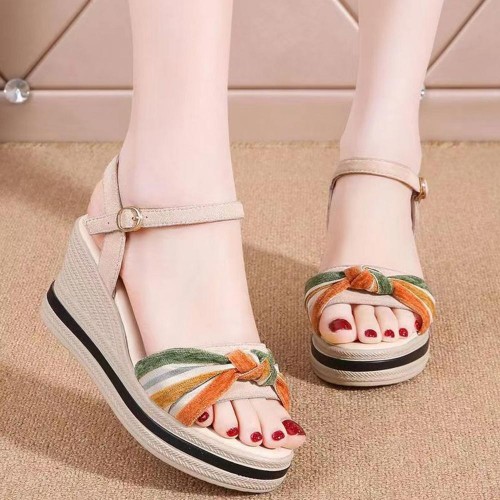Comfortable Fish Mouth Soft Soled Buckle Closure Wedge Sandals - Beige image
