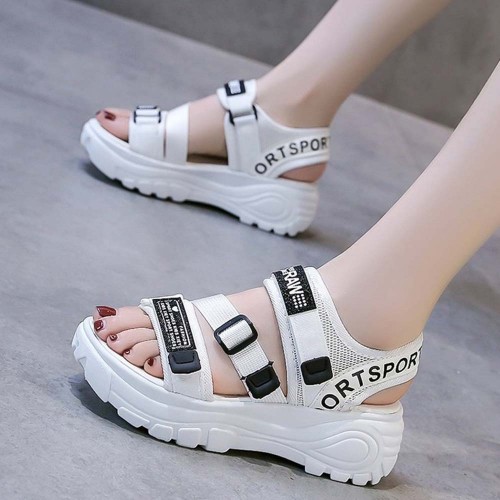 Strappy Velcro Thick Soled Open Toe Women Sandals - White image