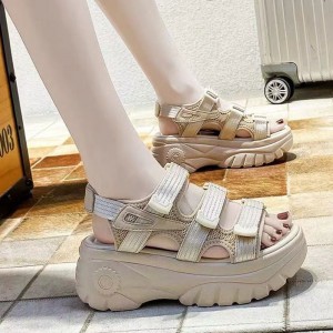 Casual Style Peep Toe Hollow Muffin Velcro High Wedge Sandals - Beige