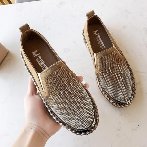 Casual Crystal Decorated Platform Slip On Loafers Flats - Brown