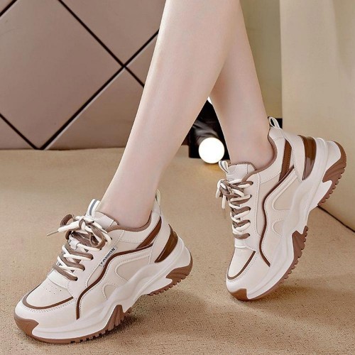 Comfortable Platform Hot Reflective Lace Up Chunky Sneakers - Brown image