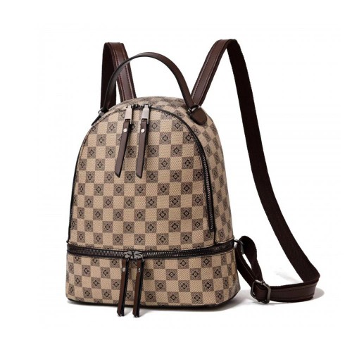 Luxury Soft Travel Checkered Zipper Pockets Women Backpacks - Beige image