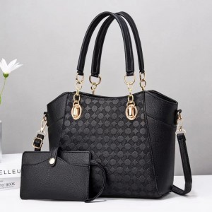 Trendy Floral Embossed Two Piece Women Tote Hand Bag - Black
