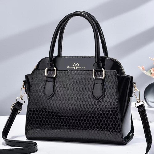 Fashionable Embossed Design Zipper Women Messenger Hand Bag - Black image