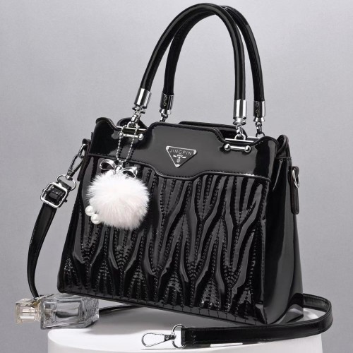 Wrinkle Embroidery Folds Hanging Fur Ball Women Tote Hand Bag - Black image