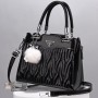 Wrinkle Embroidery Folds Hanging Fur Ball Women Tote Hand Bag - Black