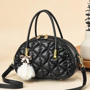 Luxury Textured Folded Hanging Fur Ball Shell Round Shoulder Bag - Black