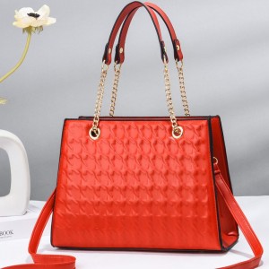 Embossed Design Zipper Double Hand Chain Women Tote Hand Bag - Red