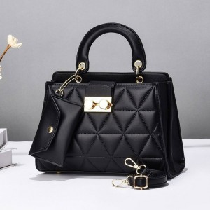 Two Piece Stone Pattern Embossed Women Tote Hand Bag - Black