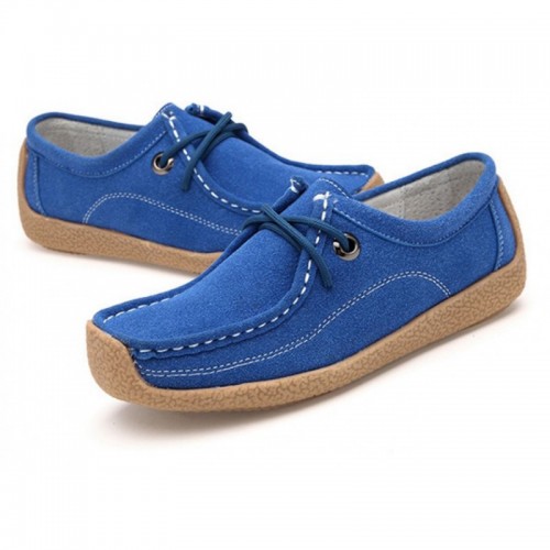 Women Leather Snail Scrub Casual Flat Shoes-Blue image