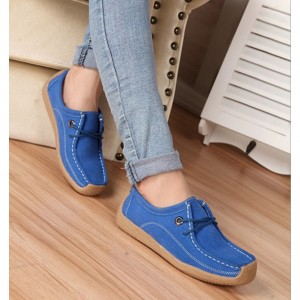 Women Leather Snail Scrub Casual Flat Shoes-Blue