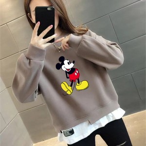 Trendy Round Neck Mickey Mouse Printed Tops Sweater - Brown