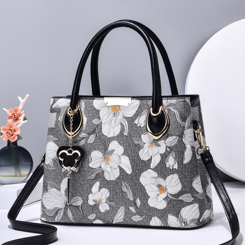 Zipper Pockets Mobile Phone Floral Printed Bucket Women Hand Bags - Black image
