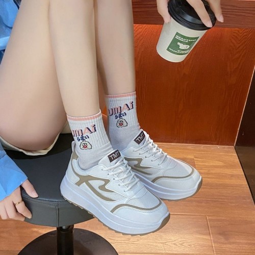 Round Toe Mesh Breathable Lace Up Sneakers - Beige image