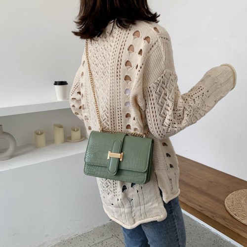 Perfect Contrast Zipper Pockets Crocodile Pattern Women Hand Bag - Green image