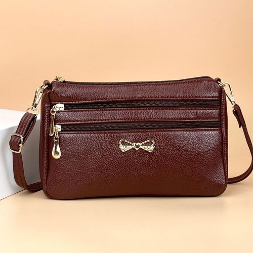 Glossy Adjustable Stripe Plain Zippers Pockets Shoulder Bag - Maroon image