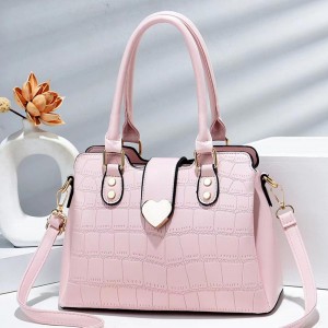 Luxury Double Handle Stone Pattern Zipper Closure Handbag - Pink