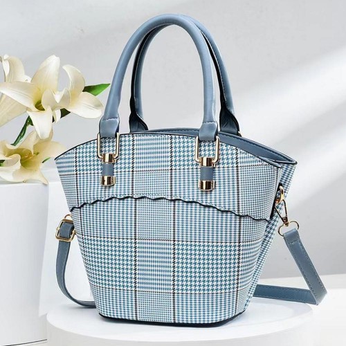 Portable Removable Stripe Bucket Plaid Tote Handbag - Blue image