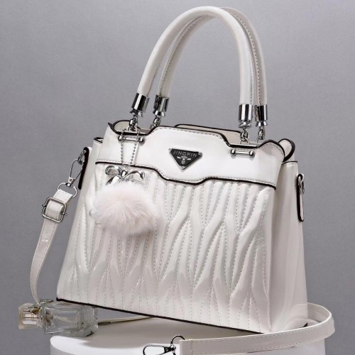 Wrinkle Embroidery Folds Hanging Fur Ball Women Tote Hand Bag - White image