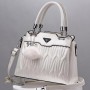 Wrinkle Embroidery Folds Hanging Fur Ball Women Tote Hand Bag - White