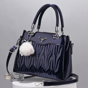 Wrinkle Embroidery Folds Hanging Fur Ball Women Tote Hand Bag - Blue