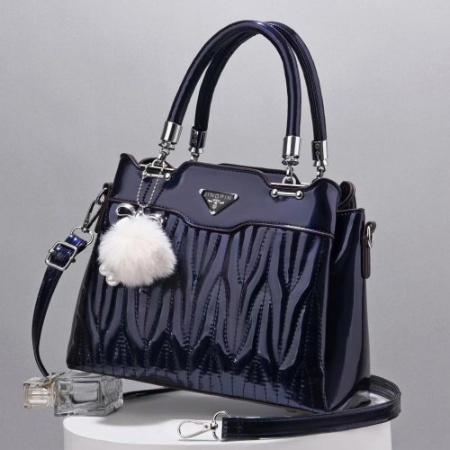Wrinkle Embroidery Folds Hanging Fur Ball Women Tote Hand Bag - Blue image