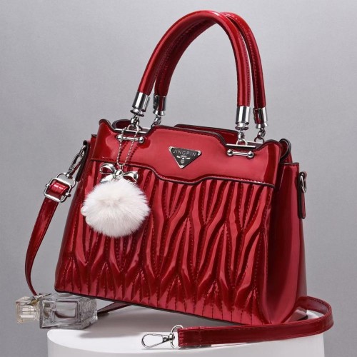 Wrinkle Embroidery Folds Hanging Fur Ball Women Tote Hand Bag - Red image
