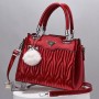 Wrinkle Embroidery Folds Hanging Fur Ball Women Tote Hand Bag - Red