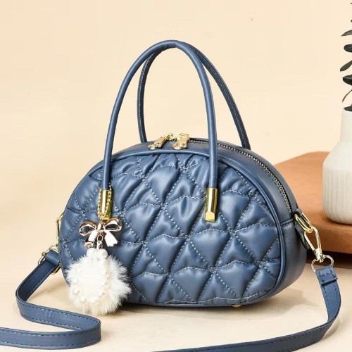 Luxury Textured Folded Hanging Fur Ball Shell Round Shoulder Bag - Blue image