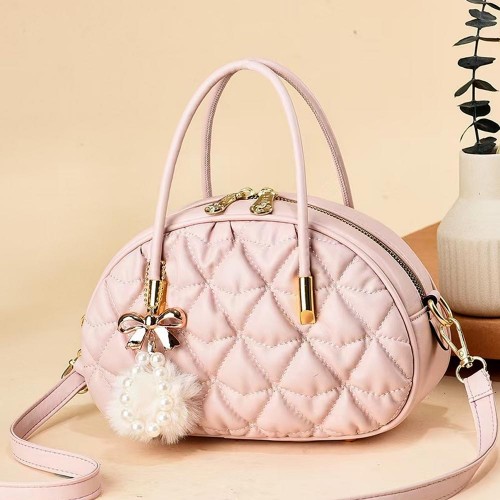 Luxury Textured Folded Hanging Fur Ball Shell Round Shoulder Bag - Pink image