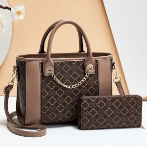 Two Piece Adjustable Stripe Floral Zipper Women Tote Hand Bag - Brown
