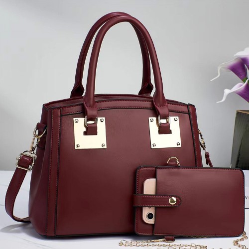Solid Patch Pocket Adjustable Two-Piece Women Tote Square Hand Bag - Maroon image