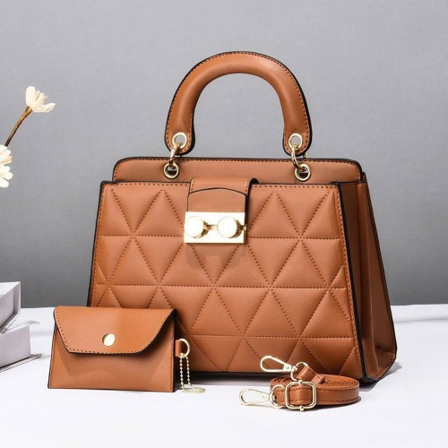 Two Piece Stone Pattern Embossed Women Tote Hand Bag - Brown image