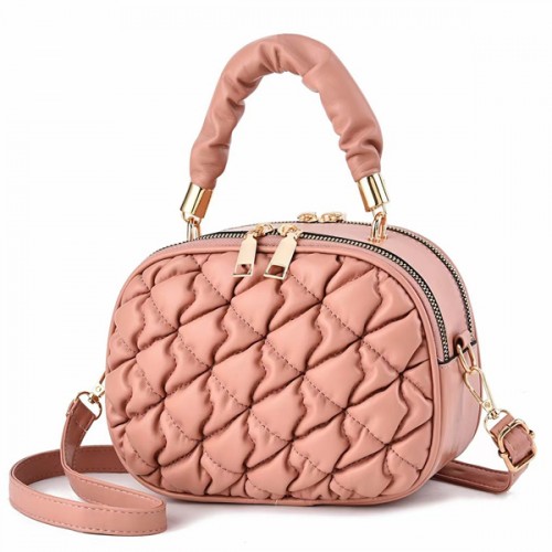Trendy Embossed Winkled Mini Women Round Shoulder Bag - Pink image