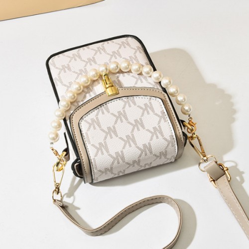 Stylish Pearl Chain Mobile Phone Letter Printed Mini Shoulder Bag - Cream image