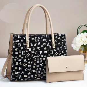 Two-Piece Set Inner Patch Pocket Letter Printed Women Tote Hand Bag - Beige