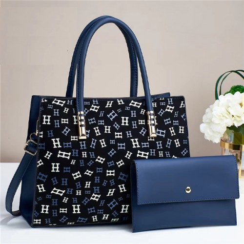 Two-Piece Set Inner Patch Pocket Letter Printed Women Tote Hand Bag - Blue image
