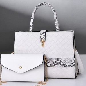 Two Piece Snakeskin Square Pattern Slit Pocket Women Tote Handbags - White