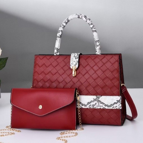 Two Piece Snakeskin Square Pattern Slit Pocket Women Tote Handbags - Red| image