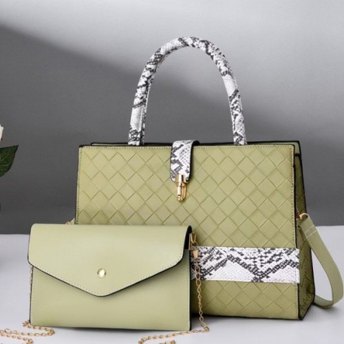 Two Piece Snakeskin Square Pattern Slit Pocket Women Tote Handbags - Green image