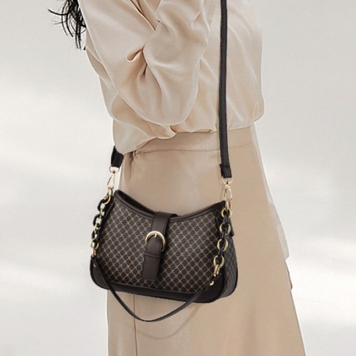 Crossbody Chain Baguette Plaid Pattern Messenger Shoulder Bags - Brown image