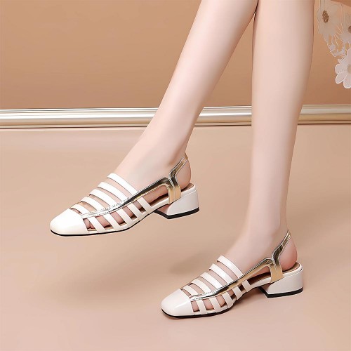Luxury Strappy Hollows Square Heel Slip On Heel Sandals - Cream image
