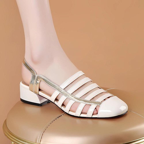 Luxury Strappy Hollows Square Heel Slip On Heel Sandals - Cream image