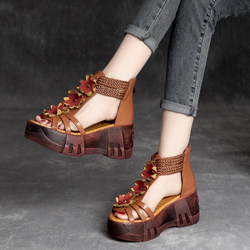 Flowers Decor Strappy Back Zipper Peep Toe Wedge Sandals - Brown image