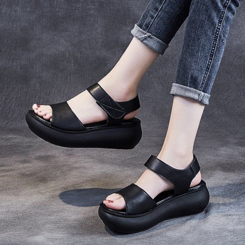 Mid Heel Velcro Closure Flat Fish Mouth Strappy Women Sandals - Black image