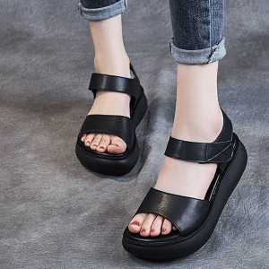 Mid Heel Velcro Closure Flat Fish Mouth Strappy Women Sandals - Black