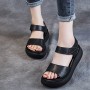 Mid Heel Velcro Closure Flat Fish Mouth Strappy Women Sandals - Black